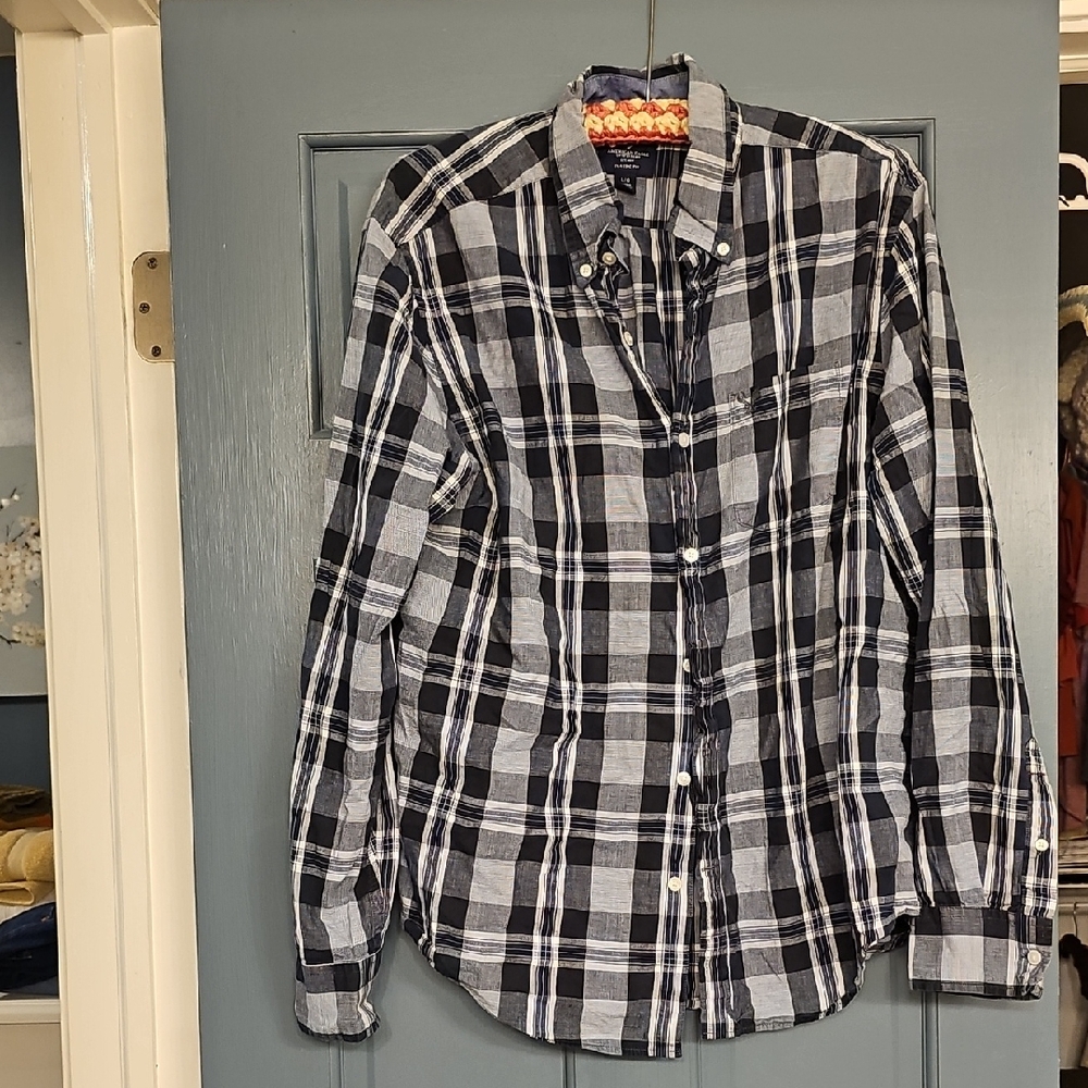 American Eagle Blue White Plaid Long Button-Up Shirt Classic Fit Men Large